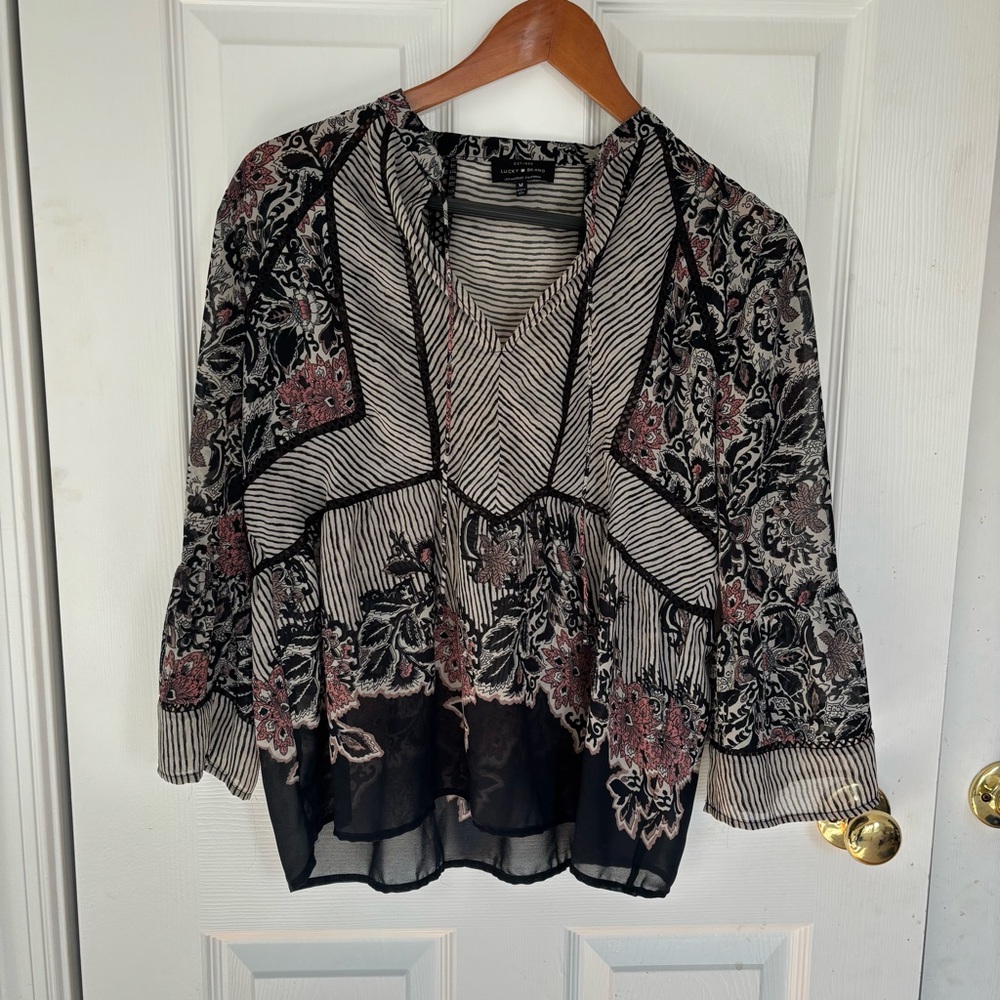 Lucky Brand Floral Sheer Blouse with Stripes whimsigoth BOHO dainty Y2K Size M